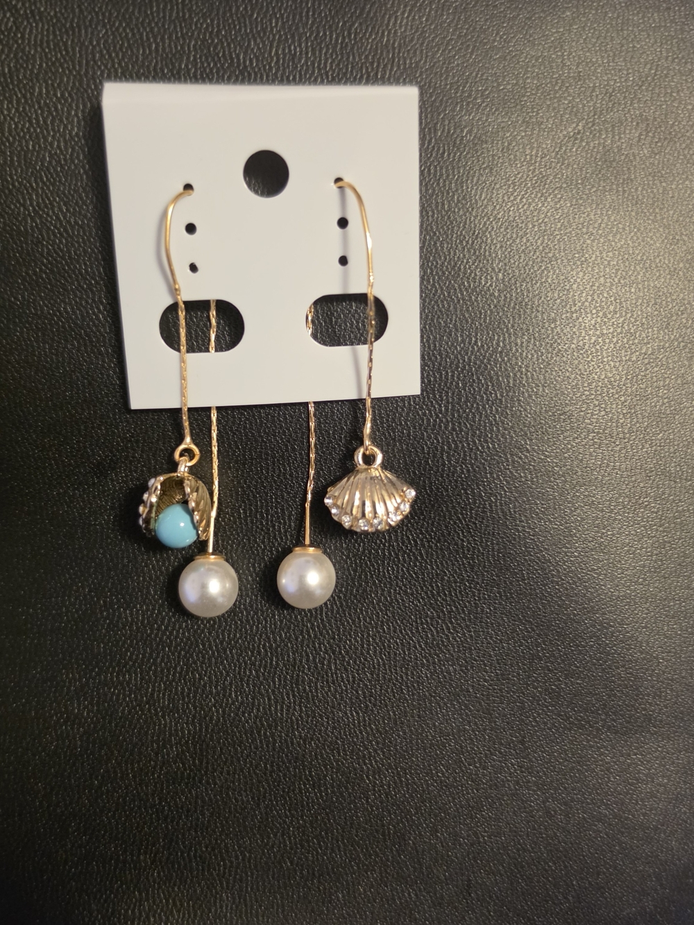 Gold Pearl Drop Earrings with Turquoise and Shell Accents